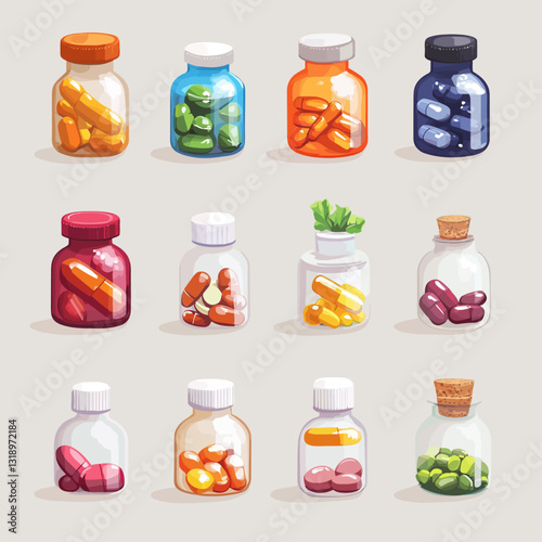 Colorful Pill Bottles: Assorted Medicines, Vitamins, and Dietary Supplements