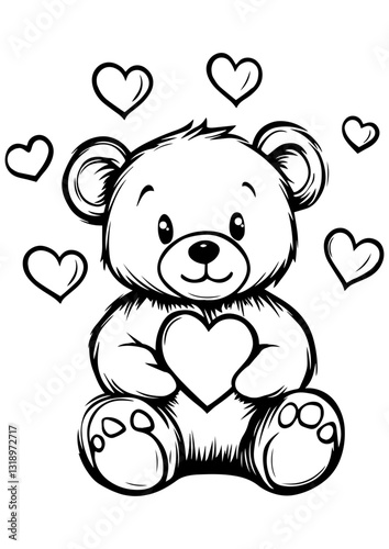 Teddy Bear with hearts illustration, Cute vector animal toy, Gift idea, printable, engrave laser, digital prints