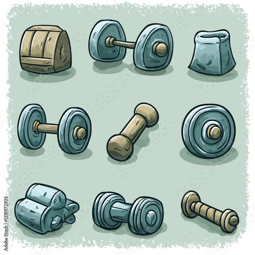 Stone age cartoon workout, caveman fitness set, ancient weights concept
