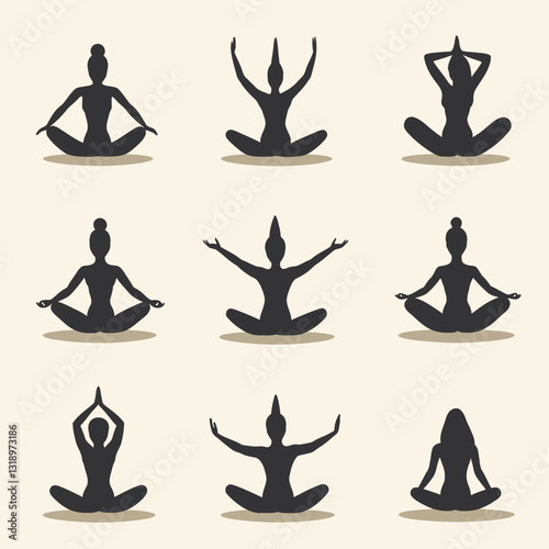 Yoga Poses Silhouettes Meditation Harmony Wellness Exercise Vector Set