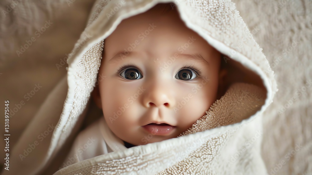 A baby is peeking out from under a towel. A baby is peeking out from under a towel.