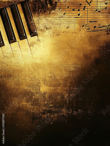 Elegant Piano Keys and Musical Notes on a Grunge Gold Background, Symbolizing Musical Passion and Artistic Expression. Perfect for Music Websites, Album Covers, Concert Posters, and Musical Instrument