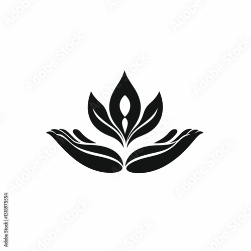 Hands Presenting a Blooming Lotus Flower in Black and White Minimal Design