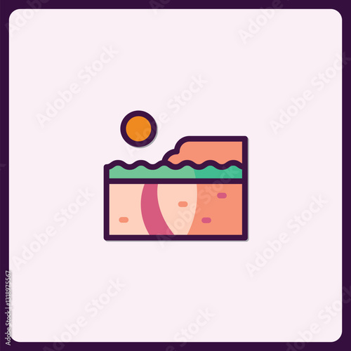 Whimsical seaside icon with playful sun and coastal strata illustration