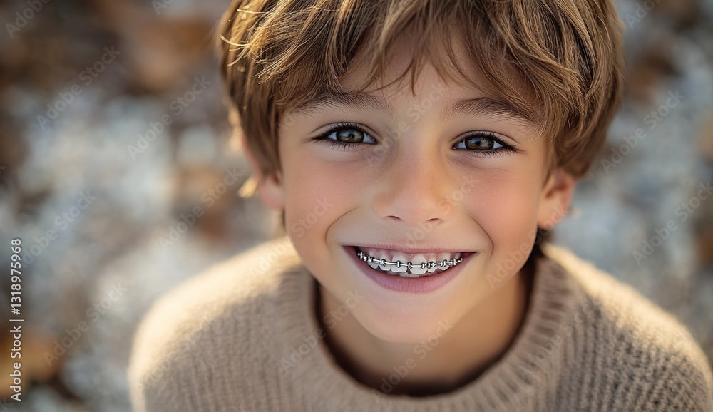 A young boy with braces smiles while showcasing his orthodontic work A young boy with braces smiles while showcasing his orthodontic work