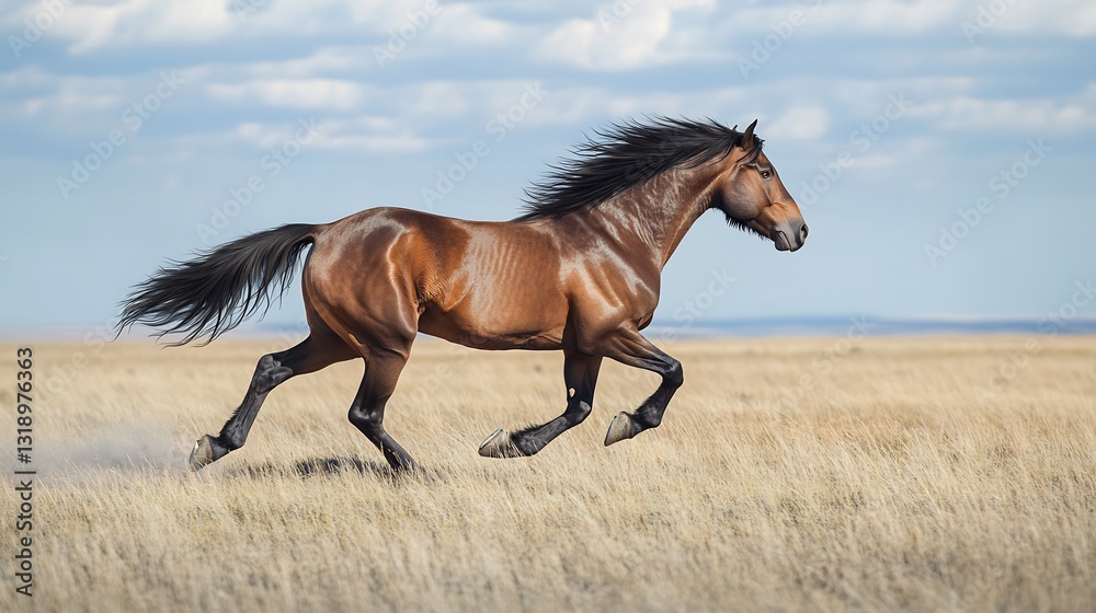 Obraz premium Powerful Tarpan Equus ferus ferus extinct galloping through a windswept steppe under a wide open sky its dark mane flowing in the breeze