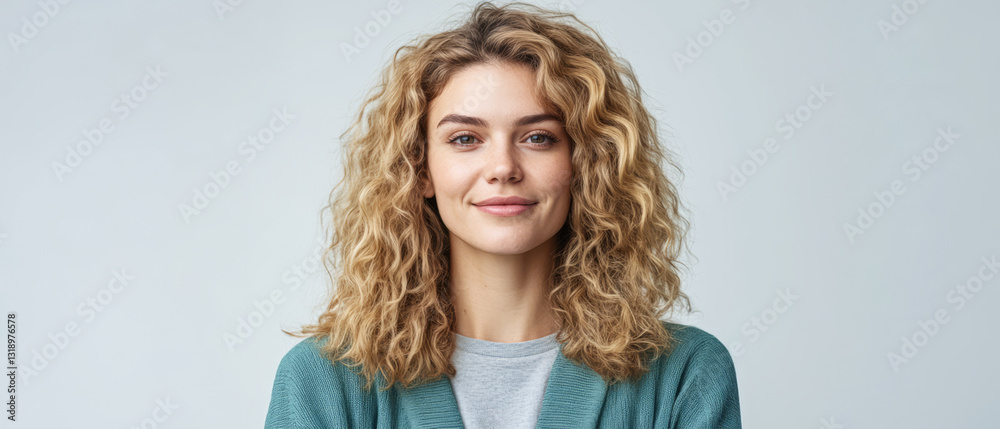 Smiling woman with curly hair wearing a casual outfit in a light background during daytime Smiling woman with curly hair wearing a casual outfit in a light background during daytime