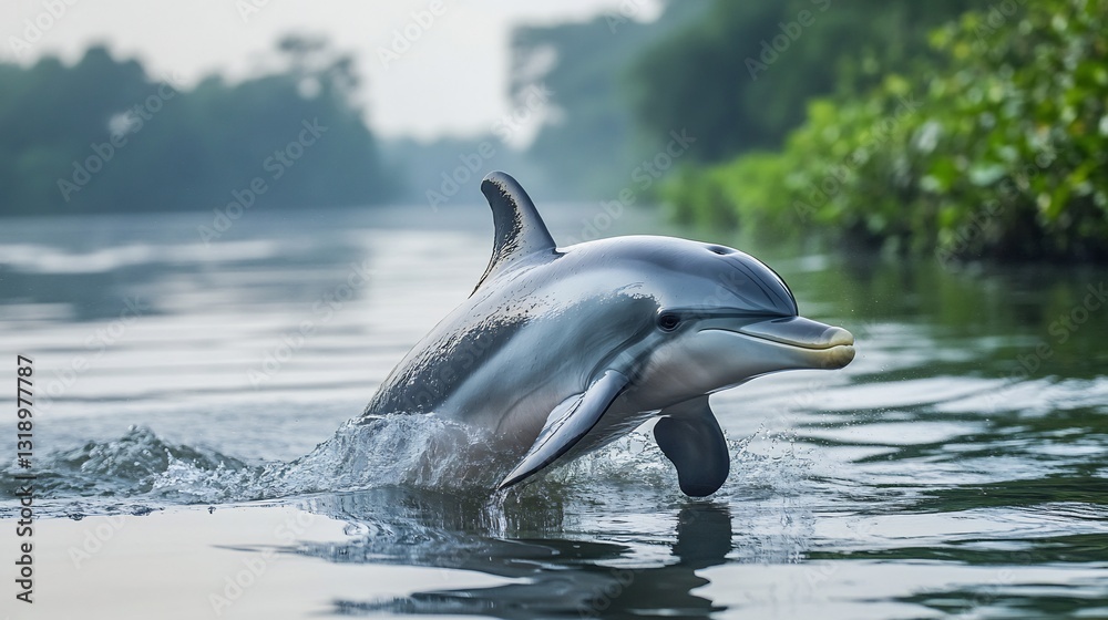 Obraz premium Sleek Chinese River Dolphin Lipotes vexillifer extinct gliding through calm river waters surrounded by lush greenery and gentle ripples