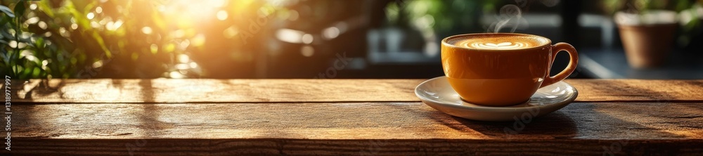 A warm coffee cup with sunlight and greenery on the cafe table. Generative AI A warm coffee cup with sunlight and greenery on the cafe table. Generative AI