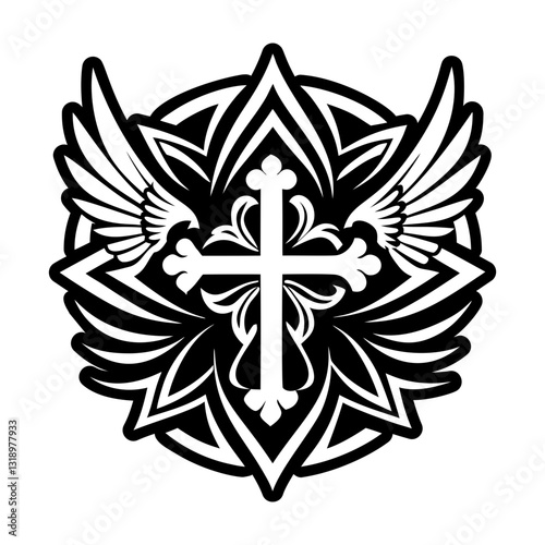 A solid style icon of angel cross symbol