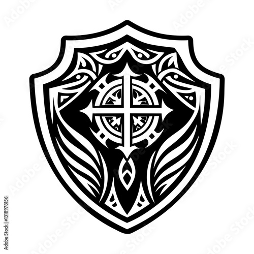 A filled style icon of cross shield symbol