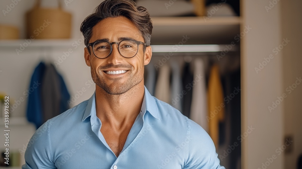 Obraz premium Man wearing glasses and a blue shirt is smiling. He is standing in front of a closet