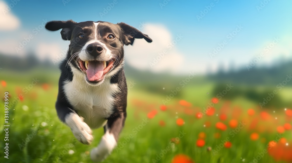 Black and white dog is running through a field of red flowers. The dog is happy and energetic, and the field is full of life and color Black and white dog is running through a field of red flowers. The dog is happy and energetic, and the field is full of life and color
