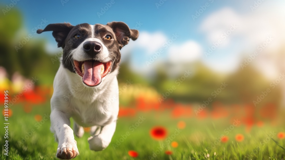 Dog is running in a field of red flowers. The dog is happy and excited, and the flowers are bright and colorful Dog is running in a field of red flowers. The dog is happy and excited, and the flowers are bright and colorful
