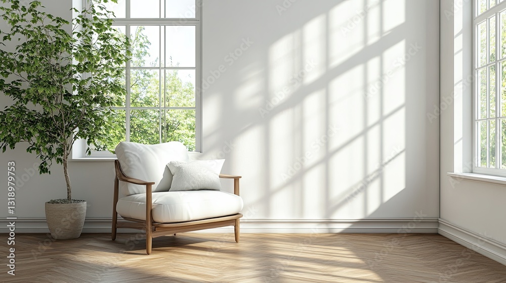 Fototapeta premium Modern living room with white armchair and wooden floor on white wall. big windows. sunlight falls.