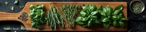 Panel kuchenny z motywem Herbs and Spices Ready for Cooking on a Wooden Board. Generative AI