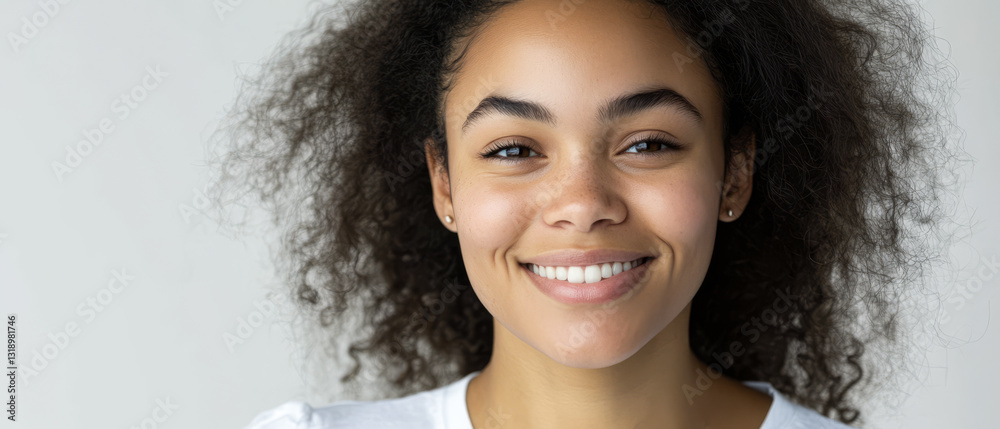 Young woman with curly hair smiling confidently in a natural light setting Young woman with curly hair smiling confidently in a natural light setting