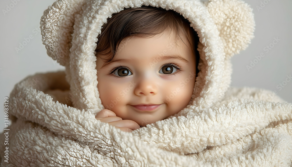 Adorable baby girl snuggled in a fluffy, cream-colored blanket with bear ears. Sweet, innocent expression Adorable baby girl snuggled in a fluffy, cream-colored blanket with bear ears. Sweet, innocent expression