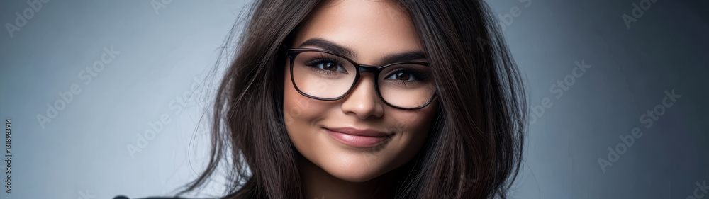 Smiling young woman with glasses posing against a soft background in a portrait setting Smiling young woman with glasses posing against a soft background in a portrait setting