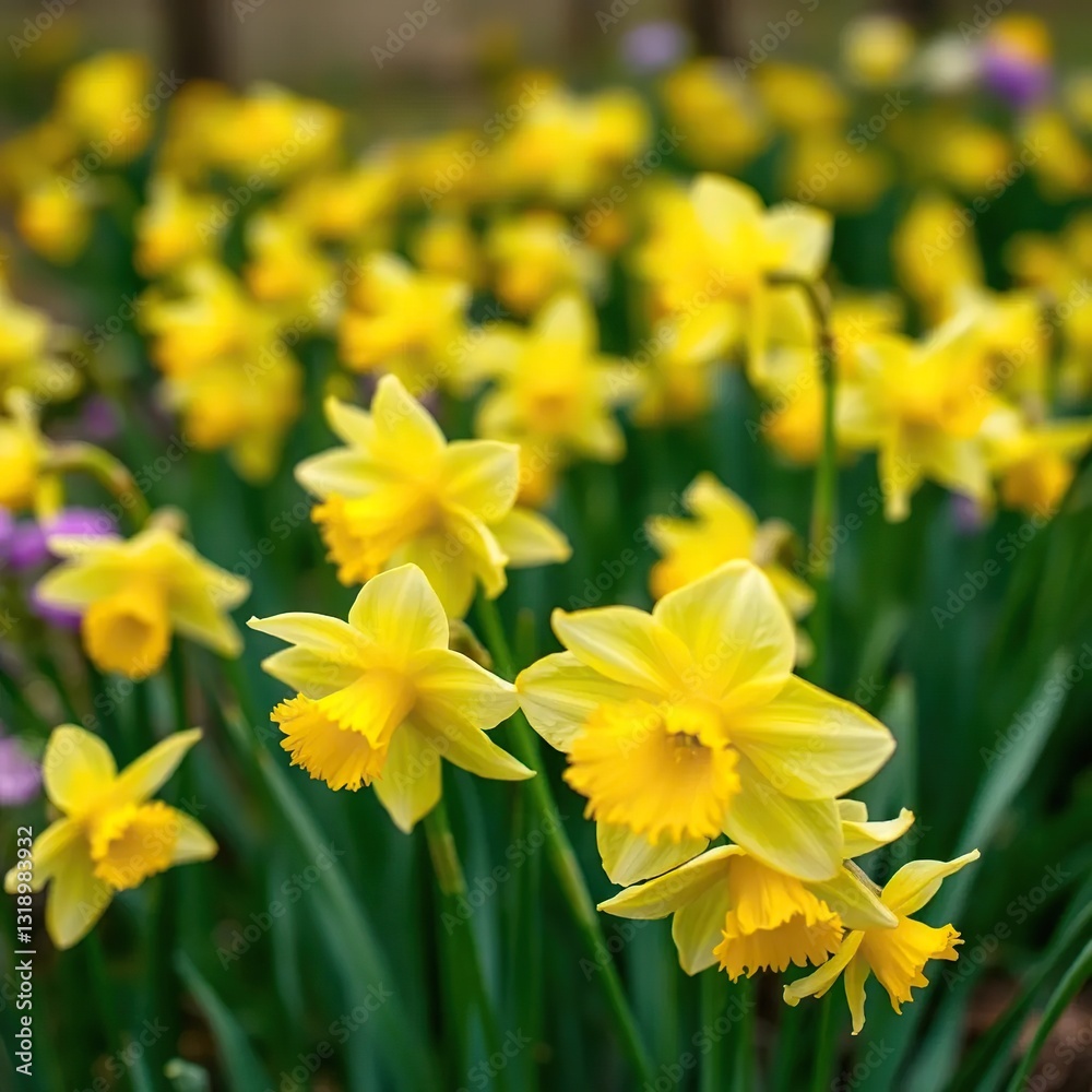 Daffodil plants in a spring garden with a subtle misty atmosphere and soft focus, details, spring Daffodil plants in a spring garden with a subtle misty atmosphere and soft focus, details, spring