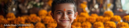 Smiling Young Buddhist Novice in Front of a Floral Temple Background. Generative AI