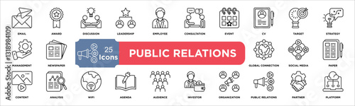 public relations icon collection set. Containing quality, improvement, process, efficiency, methodology, analysis, defect, management, lean, control icon. Simple line vector.