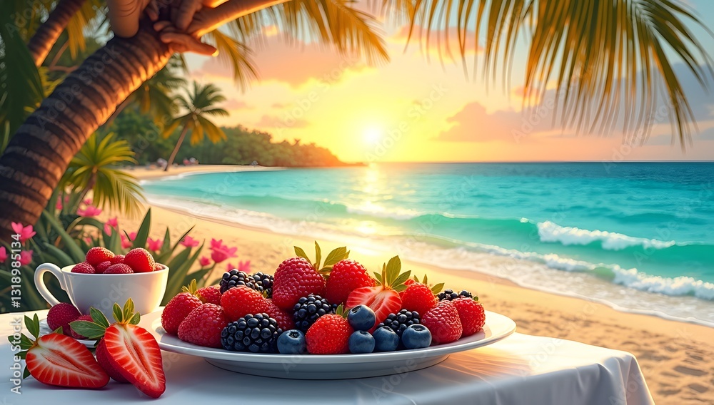 Obraz premium ropical beach berry bowl, sun, ocean