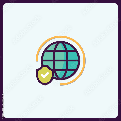 Internet security icon: globe encircled with shield, vector design symbol