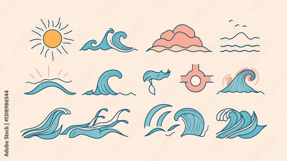 Ocean waves illustrations various styles Ocean waves illustrations various styles