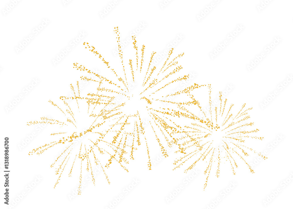 Obraz premium Golden, composition fireworks or salute bursting background, isolated texture. Gold firecracker, Firework explosion. Sparkling crumbs. Dust jewelry. Jewel confetti, pyrotechnic. Png illustration