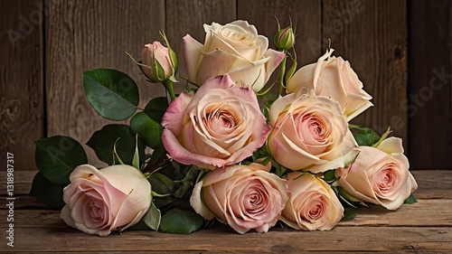 A bouquet of pink roses is displayed on a wooden table