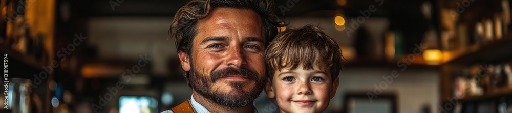 Father and son smiling for the camera in a home environment close and affectionate moment. Generative AI Father and son smiling for the camera in a home environment close and affectionate moment. Generative AI