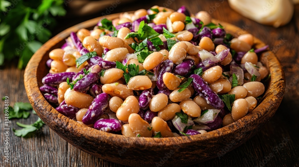 A wooden bowl filled with a vibrant mix of white and purple beans, fresh parsley, and thinly sliced red onions A wooden bowl filled with a vibrant mix of white and purple beans, fresh parsley, and thinly sliced red onions