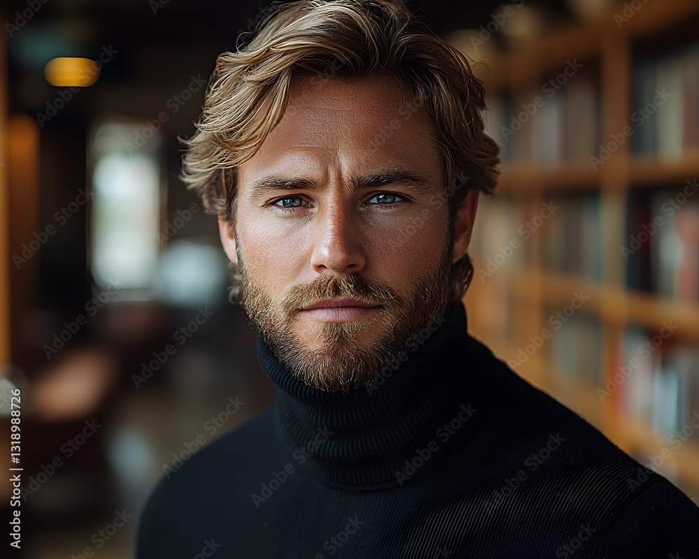Obraz premium Sophisticated Man in Chic Library Exuding Confidence and Intellect