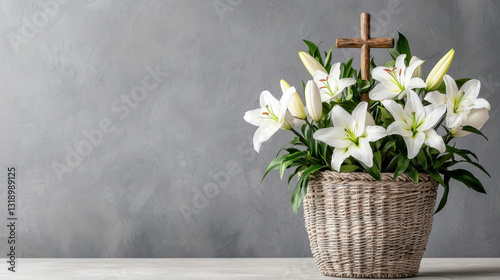 Easter,bunny,flower,Eggs,Rabbit E2A beautiful arrangement of white lilies in a woven basket with a wooden cross, symbolizing purity and faith against a muted background.