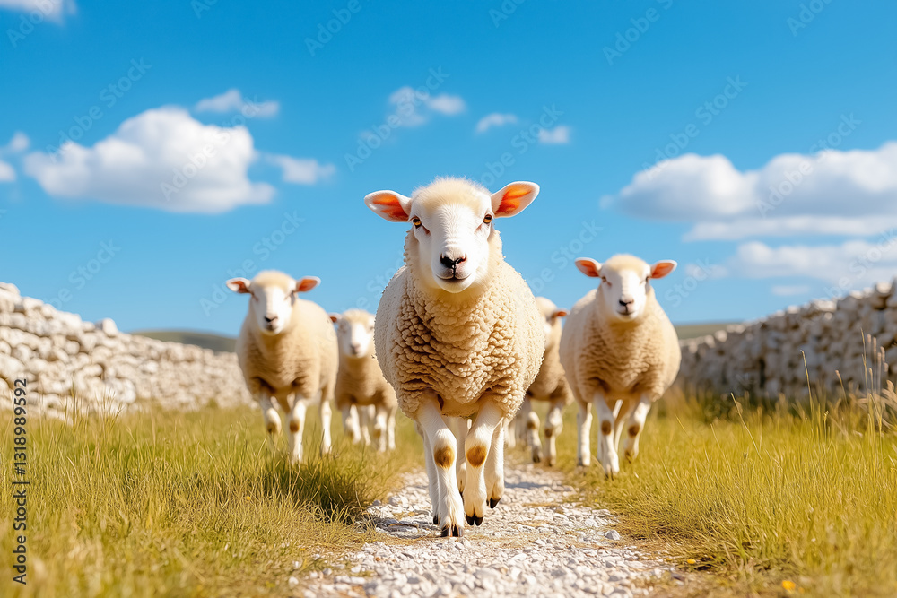 Obraz premium A flock of fluffy sheep walks through an open gate, enjoying the soft grass underfoot. Surrounded by stone walls, they are illuminated by the bright sunlight and clear blue sky above