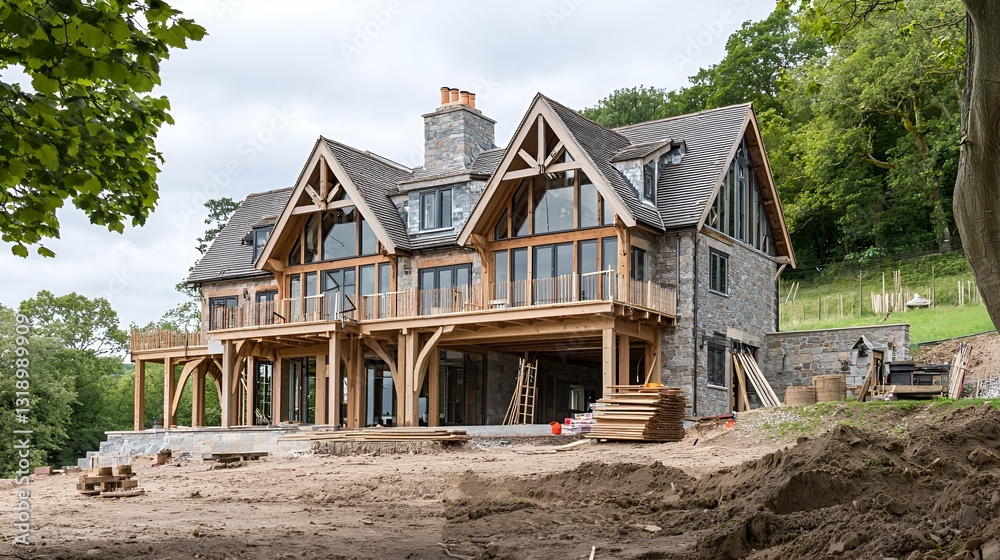 Modern log home under construction in a valley. Possible stock use Architectural
