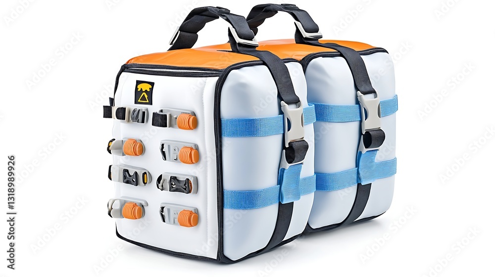 Fototapeta premium Modern White Orange Modular Backpack Travel Bag with Multiple Compartments and Straps