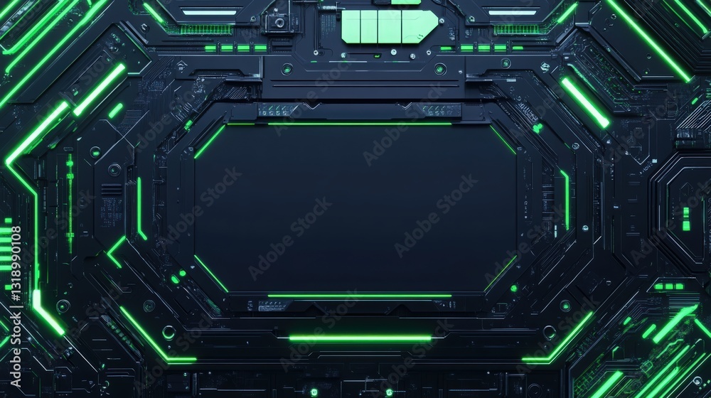Fototapeta premium Futuristic Tech Background with Glowing Green Lines and Dark Panel, symbolizing innovation, technology, and progress. Ideal for Sci-Fi projects, video game interfaces, tech websites, and futuristic pr