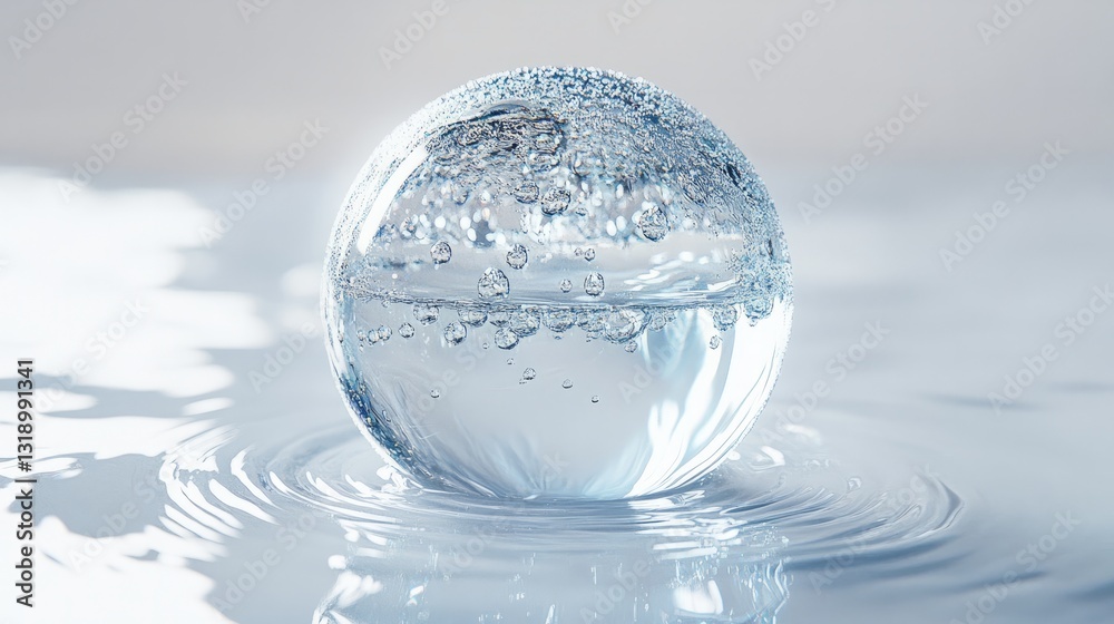 A crystal-clear water sphere floating on a pure white background, droplets glistening in natural light, hyper-realistic detail A crystal-clear water sphere floating on a pure white background, droplets glistening in natural light, hyper-realistic detail