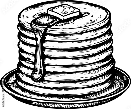 Delicious pancakes stacked high breakfast table food illustration cozy kitchen top-down view culinary delight