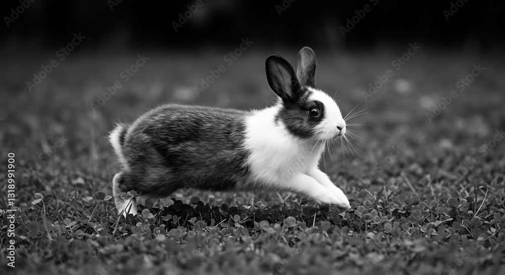 Playful black and white rabbit hops swiftly across grassy ground soft light. AI Generated Playful black and white rabbit hops swiftly across grassy ground soft light. AI Generated