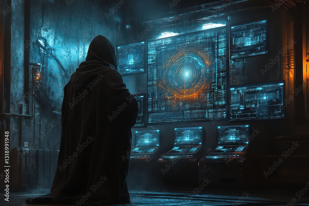 Hooded Figure in Dimly Lit Room with Blockchain Network Hooded Figure in Dimly Lit Room with Blockchain Network