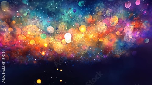 Vibrant cosmic explosion showcasing a blend of colors and celestial bodies in a galactic landscape at nighttime