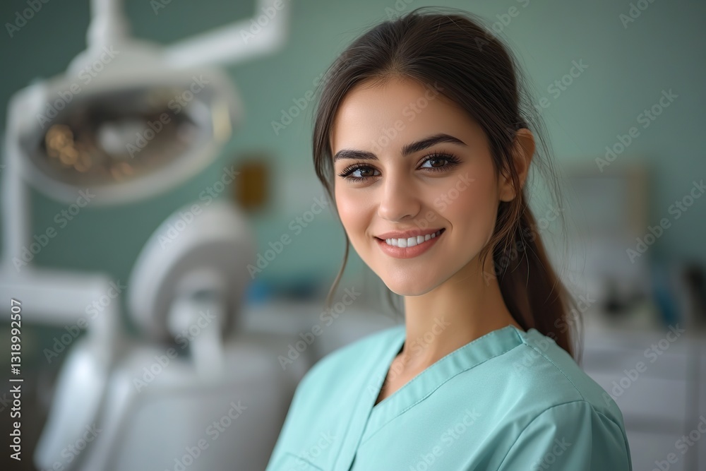 Fototapeta premium Portrait of smiling dentist on blurred stomatology clinic cabinet