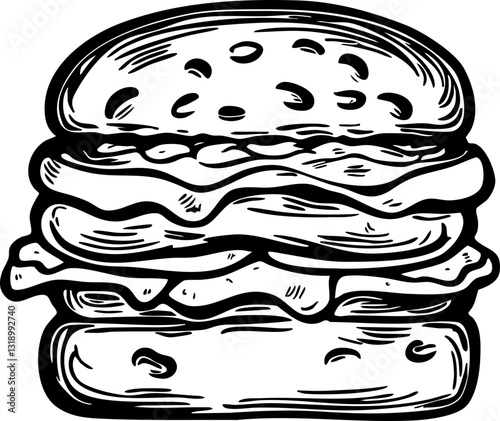 Delicious layered burger fast food restaurant food photography urban setting close-up view gourmet eating experience
