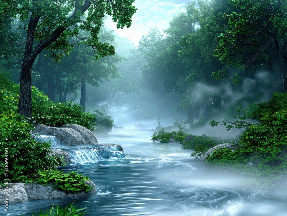 Tranquil river flowing gently through a lush green forest surrounded by nature's beauty Tranquil river flowing gently through a lush green forest surrounded by nature's beauty