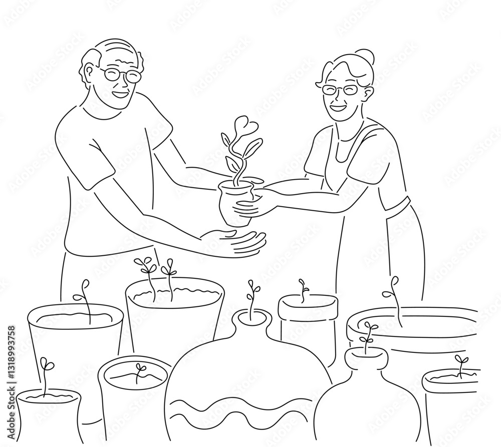 old couple with plants in doodle style. Element for design advertisement avatar sticker posts poster print postcard banner old couple with plants in doodle style. Element for design advertisement avatar sticker posts poster print postcard banner