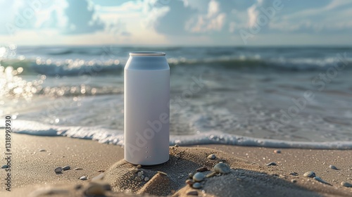 A pristine white aluminum can rests on golden sand, subtly tilted to the left while pointing right, capturing serene beach vibes against a tranquil backdrop photo