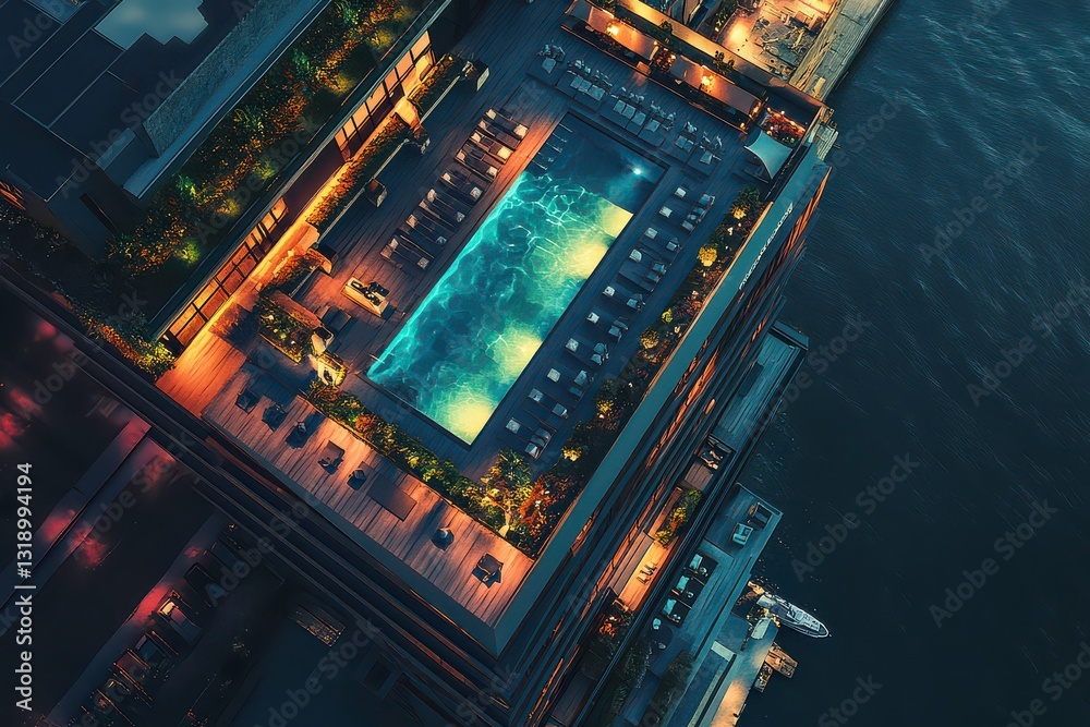 Fototapeta premium Luxurious Hotel Rooftop Pool at Twilight